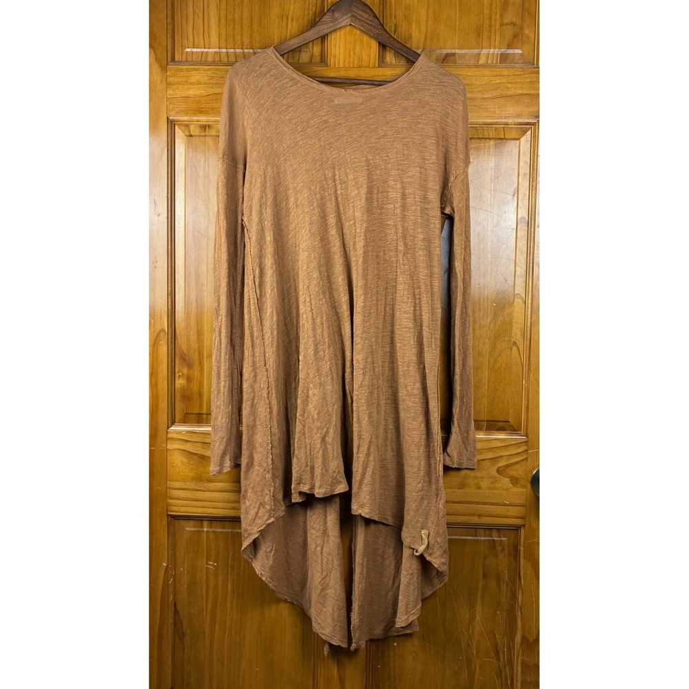 We The Free Brown Linen Blend High Low Slub Tunic Top Med Raw Edge Earthy